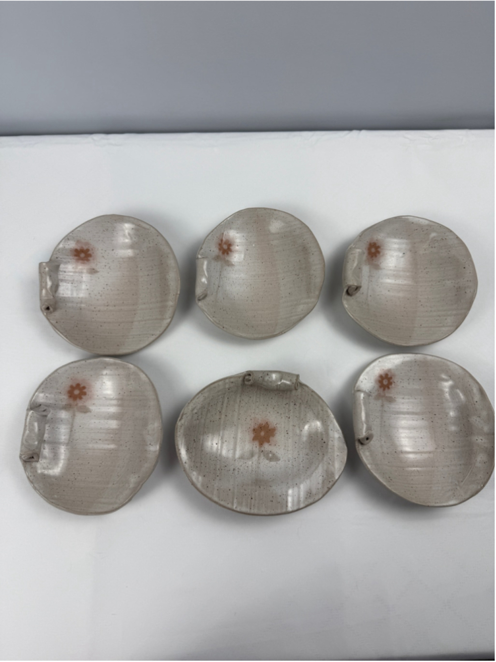 Set of 6 VTG Handmade Serveware Beige Brown Ceramic Shell Dishes flower design